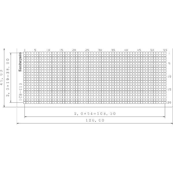 サンハヤト 基板  ICB-013   特殊IC用基板　2mmピッチ、角ドット　片面1.2t×45×120mm　穴径0.75φ | 