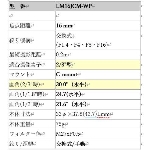 CCTVレンズ 興和(KOWA：コーワ)　LM16JCM-WP 焦点距離 16mm 2メガ 2/3"型 Cマウント 取寄 |  | 03