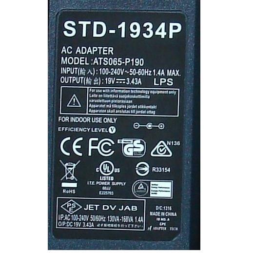 海外/国内 スイッチング ＡＣアダプター STD-1934P 19V 3.2A DCプラグ（外形5.5mm内径2.1mm）（ACーブル1.8ｍ付き） | 