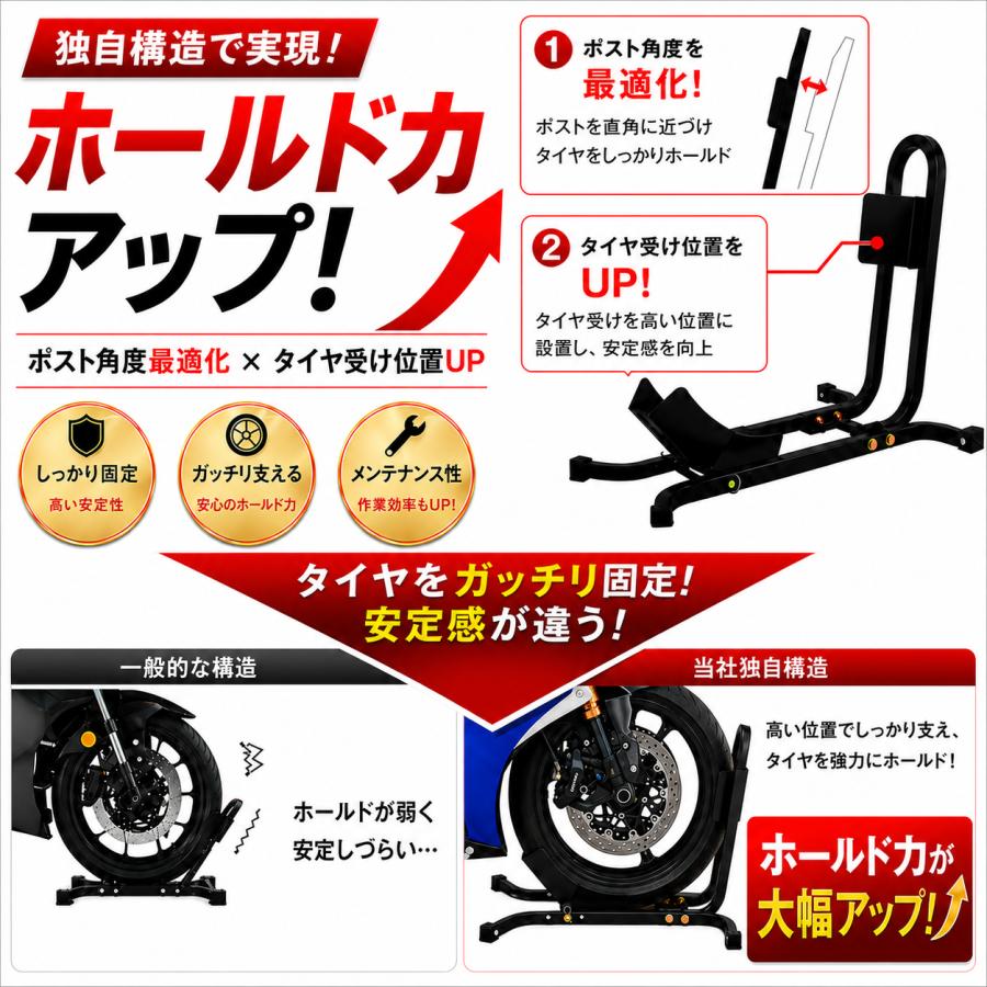 バイクスタンド フロントホイールクランプ タイヤ固定スタンド 組立式 メンテナンススタンド ブラック 黒 17インチ〜21インチ対応 51616 組立参考図付き |  | 02