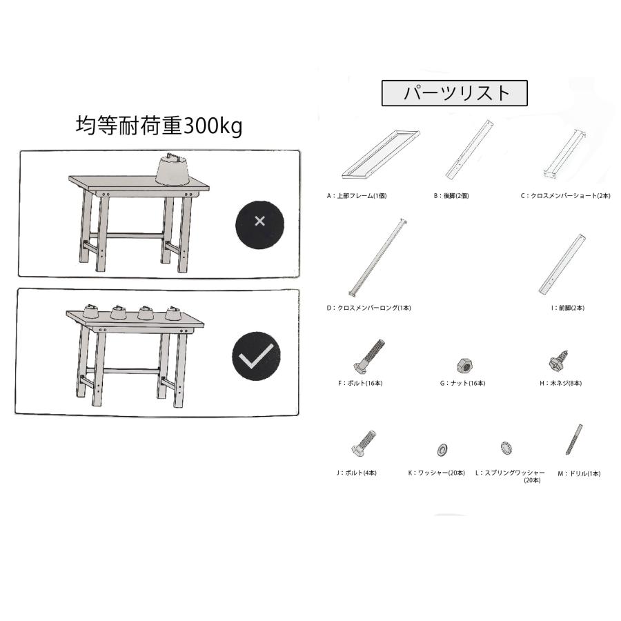 ワークテーブル ワークベンチ フレーム 均等耐荷重300kg 軽量 W1120×D570×H815mm 鉄製 DIY 日曜大工 万能作業台 木工作業台 幅112cmタイプ 52606 |  | 09