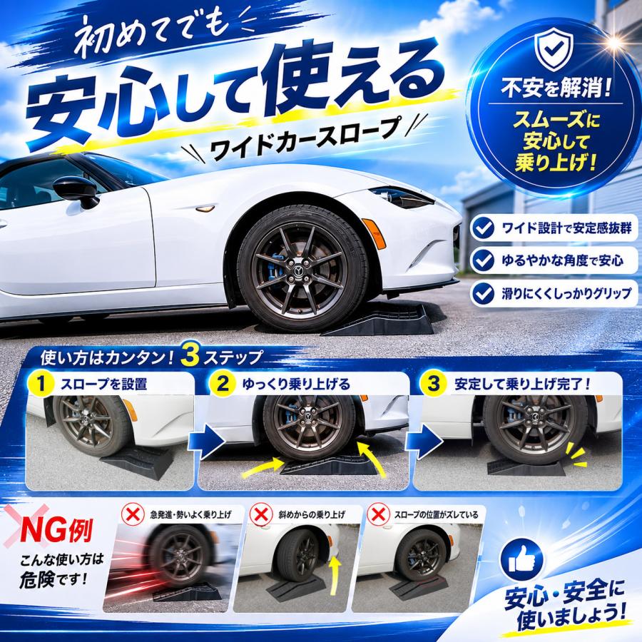 ワイド タイヤスロープ 大型車OK ローダウン車対応 カースロープ 幅250mm 2個セット 耐荷重8トン アゲレール TD1071 |  | 06