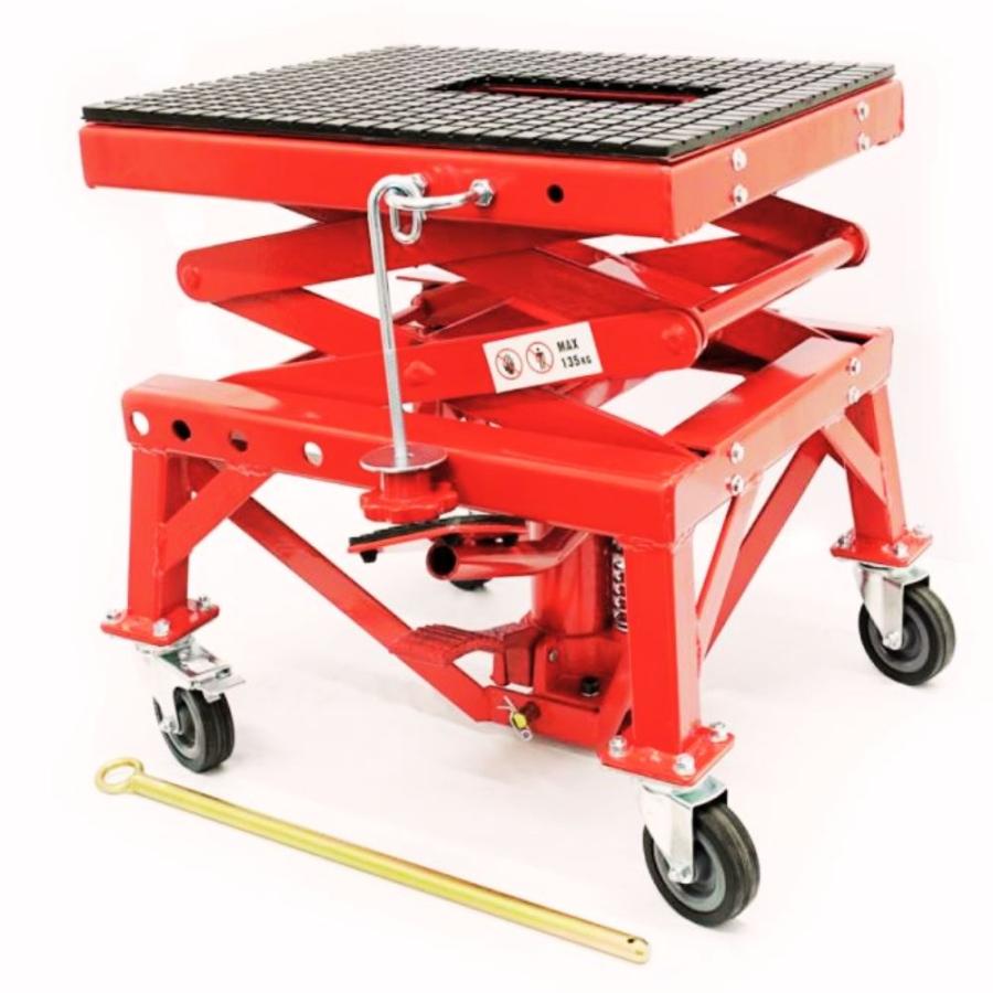 バイクリフト バイクジャッキ 油圧 キャスター付き バイクリフトジャッキ ドーリー バイクリフトテーブル 足踏みペダル式 積載荷量135kg |  | 14