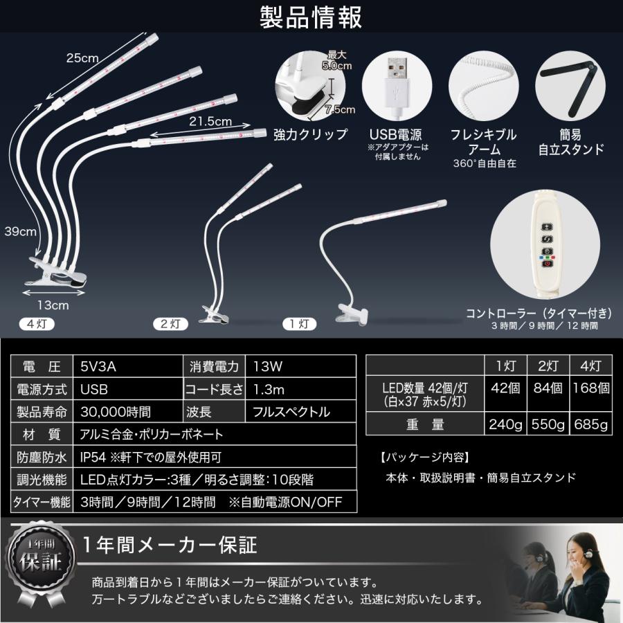 植物育成ライト LED クリップ タイマー 防水 取扱説明書付 白 観葉植物ライト 簡易スタンド付 2灯 爆買 | ブランド登録なし | 09