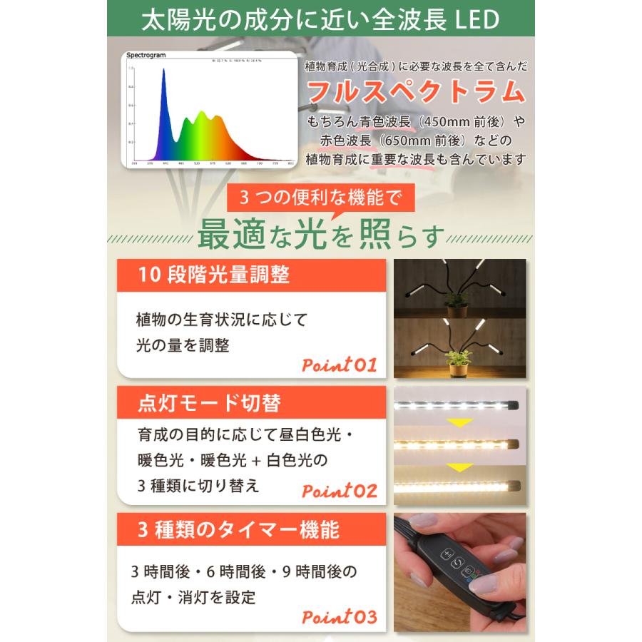 植物育成ライト led ブラック 4灯 スタンド クリップ タイマー 観葉植物 多肉植物 室内栽培 水槽 ライト 360度アーム 植物栽培用led 育成ライト |  | 02