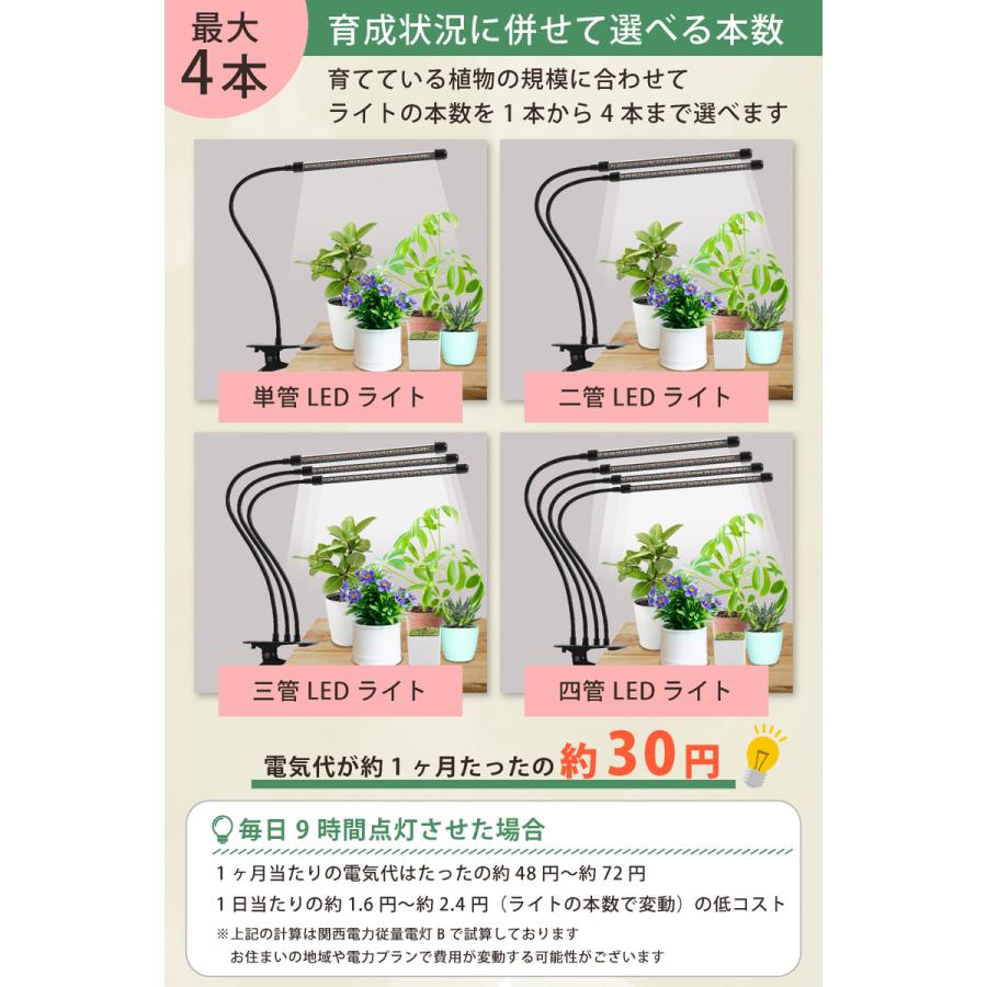 植物育成ライト led ブラック 4灯 スタンド クリップ タイマー 観葉植物 多肉植物 室内栽培 水槽 ライト 360度アーム 植物栽培用led 育成ライト |  | 03