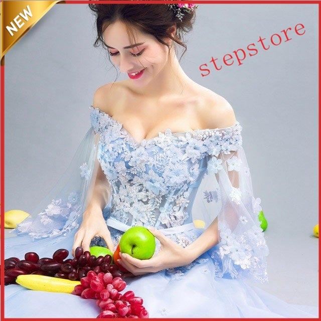 結婚式ドレス ブルー オフショルダー イブニングドレス 水色 チュール袖 姫系 フラワー パーティードレス ロング丈 発表会ドレス 演奏会