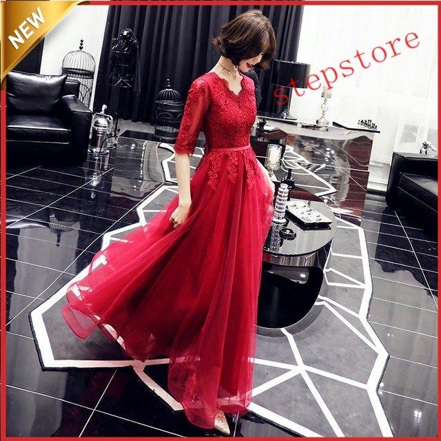 イブニングドレス ワイン赤 パーティードレス 袖あり 7分袖 Aライン