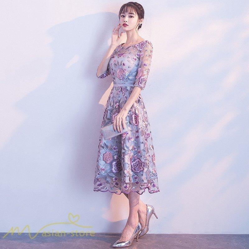 パーティードレス 10代 代 30代40代 ワンピース おしゃれ フォーマル お呼ばれ 花柄 結婚式 きれいめ 袖あり 膝下丈 春夏 着痩せ 格安saleスタート