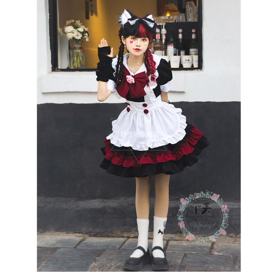 人気満点 ステップストアメイド服 ワンピース 黒赤 レディース コスプレ 膝丈 エプロン クラシカル ロイヤルメイド ロリータ フリル 髪飾り 制服 喫茶店変装 Farmatique Net