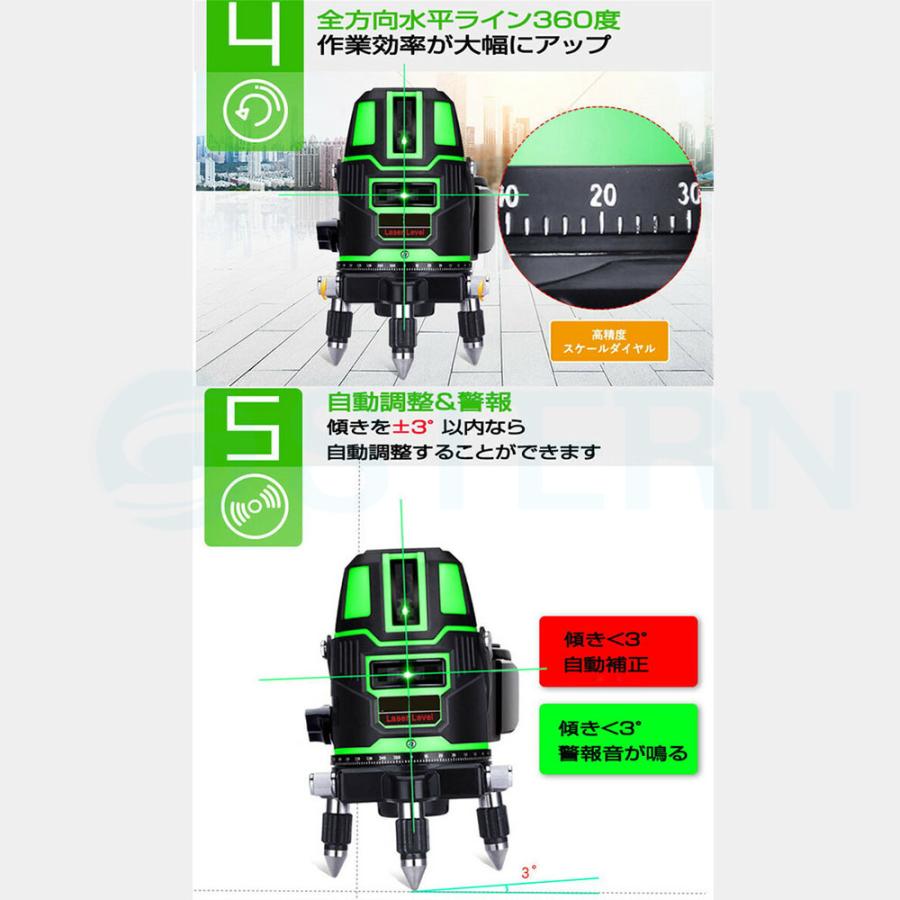 即納 墨出し器 水平器 グリーンレーザー 5ライン 6点フルライン 高精度 大矩ライン 光学測定器 軽量 防水 建築 レーザー墨出し器 バッテリー2個付き 1年保証｜stern｜14