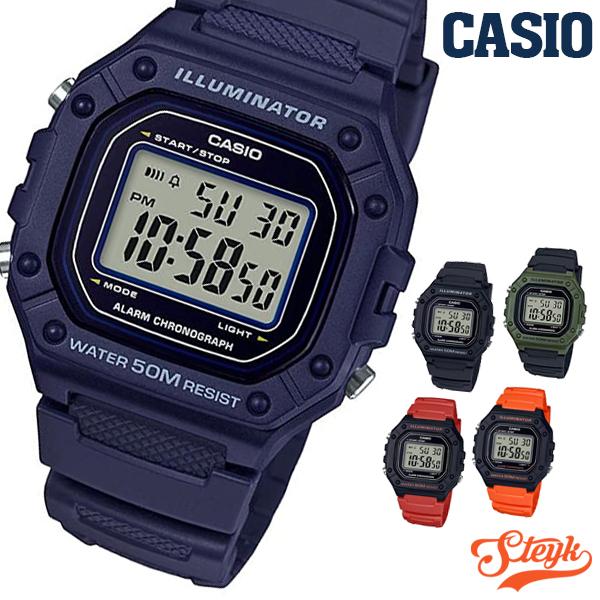 CASIO W-218H カシオ 腕時計 デジタル スタンダード メンズ ブラック ネイビー レッド オレンジ カーキ｜steyk