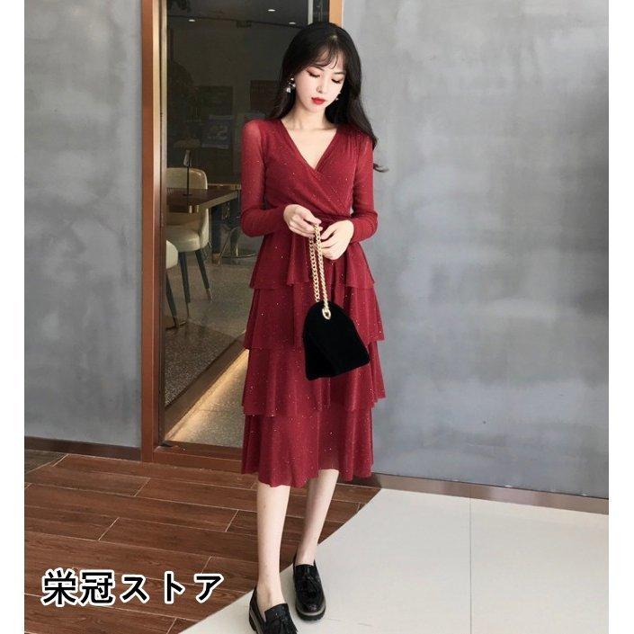 マタニティ ワンピース Aライン Vネック カシュクール ティアード ハイウエスト バレンタインデー リボン 結婚式 長袖 激安正規品 結婚式