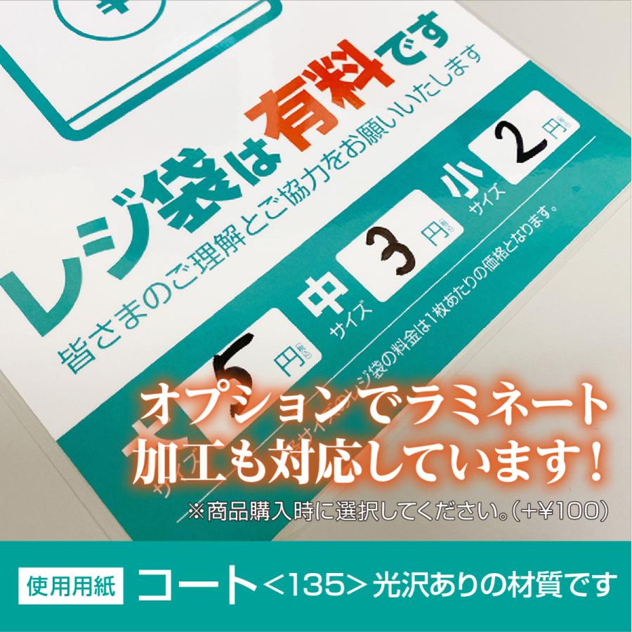 お会計周りや店内掲示用に 1セット3枚入 ラミネート加工も対応 レジ袋