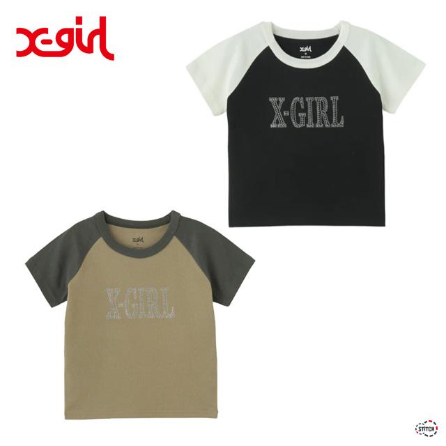 X-girl（エックスガール） セール RHINESTONE ROMAN TYPE LOGO RAGLAN
