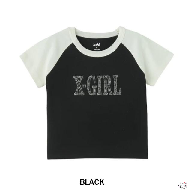 X-girl（エックスガール） セール RHINESTONE ROMAN TYPE LOGO RAGLAN