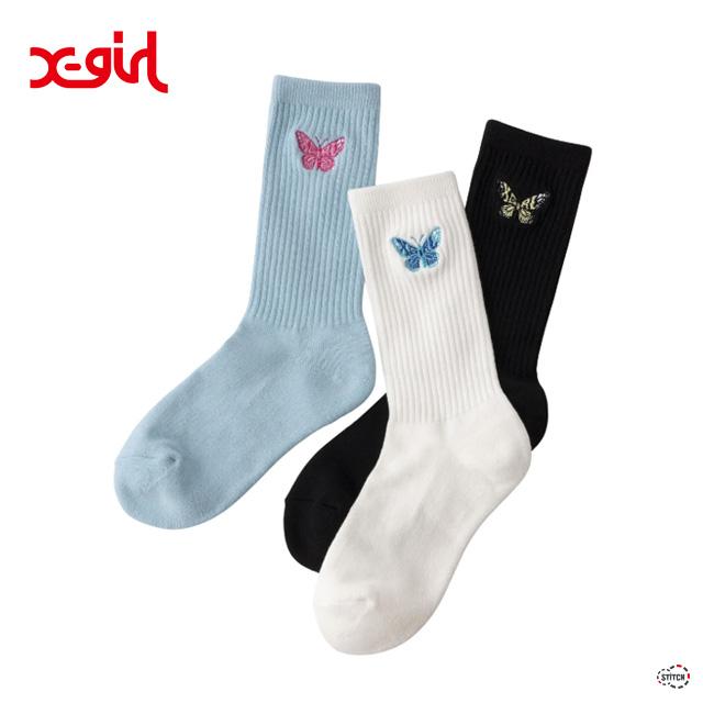 X-girl（エックスガール） セール EMBROIDERED BUTTERFLY RIB SOCKS