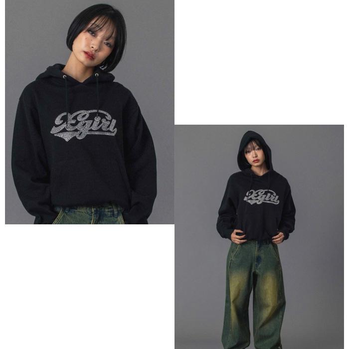 X-girl（エックスガール） RHINESTONE CURSIVE LOGO SWEAT HOODIE