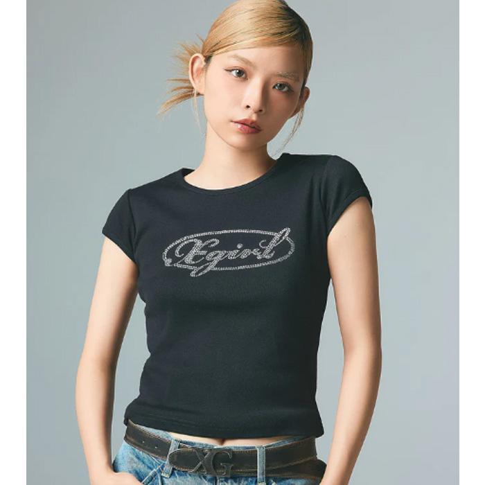 X-girl（エックスガール） RHINESTONE OVAL CURSIVE LOGO S/S BABY TEE