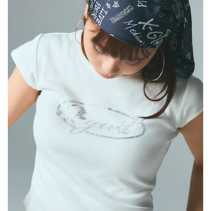 X-girl（エックスガール） RHINESTONE OVAL CURSIVE LOGO S/S BABY TEE