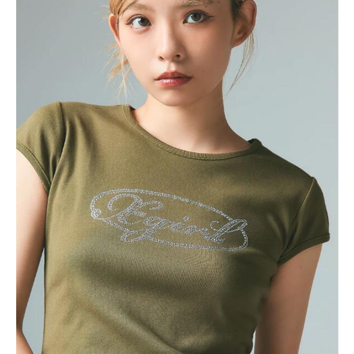 X-girl（エックスガール） RHINESTONE OVAL CURSIVE LOGO S/S BABY TEE
