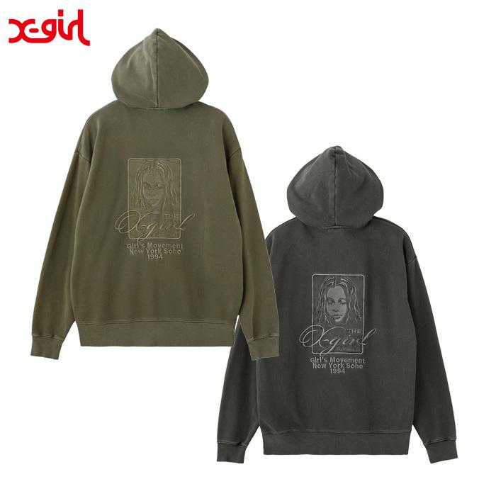 【新品タグ付き】X-girl ロゴスウェットフーディ X-girl（エックスガール） PIGMENT DYED FACE AND LOGO SQUARE PATCH