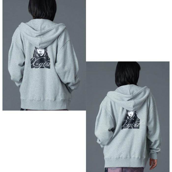 STONE  バックロゴ ロングスリーブ パーカー グレー XXL X-girl（エックスガール） RHINESTONE LOGO AND FACE ZIP UP SWEAT