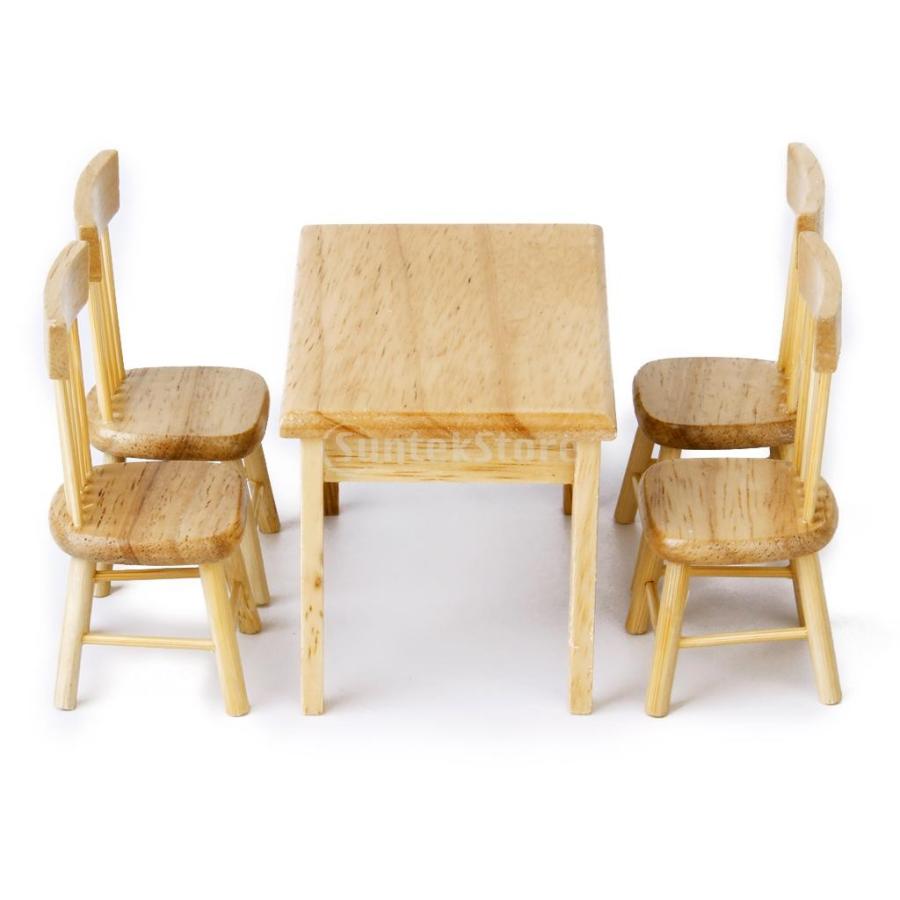ノーブランド品5pcsセット ドールハウス テーブル 椅子4脚 木製  1/12 手作り アクセサリー｜stk-shop｜03