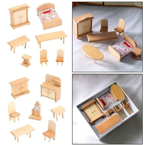ドールハウスキッチン寝室家具セット1 12スケール木製ミニチュア装飾 出色