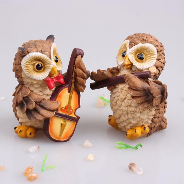 4個フクロウ樹脂像セットかわいい動物芝生置物ガーデンミニチュア像