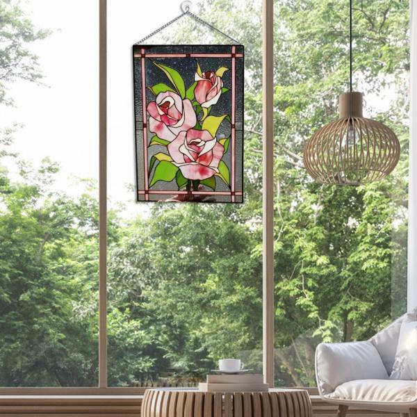 ステンドグラス長方形窓パネルサンキャッチャー壁の装飾ローズ : STK  