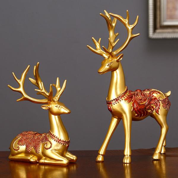 レエルク鹿飾り置物家の装飾のペアラッキー鹿像、愛のカップルの結婚式のギフト ゴールド