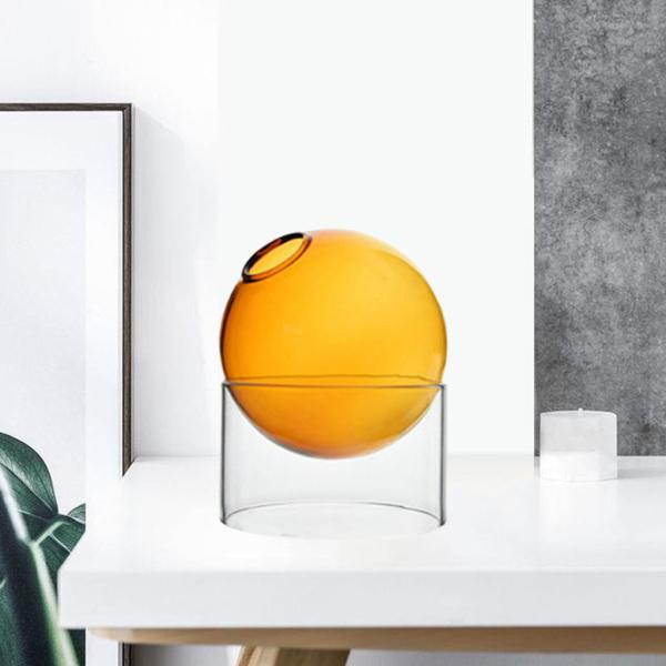 高質で安価 アートクリア丸いガラスの花瓶卓上テラリウムコンテナバドポット家の装飾オレンジショート 花瓶台、フラワースタンド