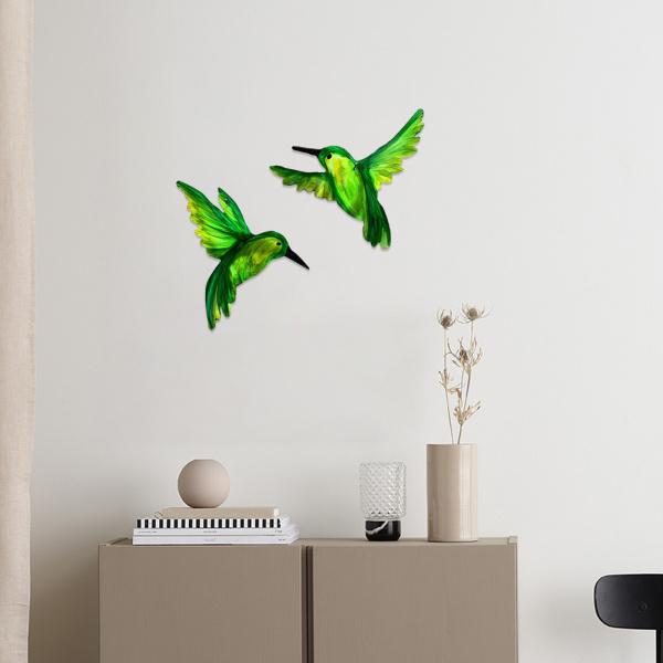 手作りのハチドリの壁の芸術の装飾金属の庭の装飾2つの緑の鳥