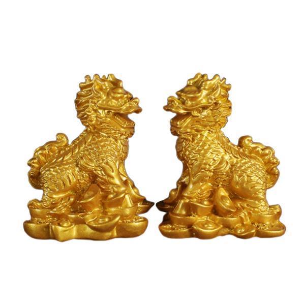 1ペア中国の銅風水キリンチリンキリン神獣像ホームゴールド5.5x7cm 