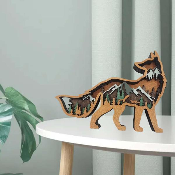木製動物形状置物 現代の木のキツネの像の彫刻の動物の置物本棚の窓のアクセント