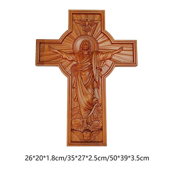 十字架救世主イエス木製壁クロス手彫り新築祝い用頑丈 26x20x1