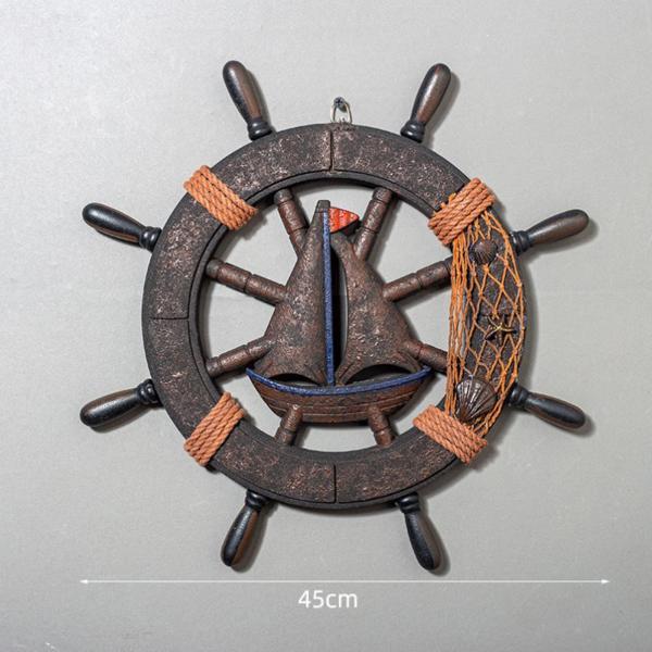 木製船の彫刻 壁掛け用 舵輪 インテリア 木製 壁掛け オブジェ マリンハンドル 装飾 45cm