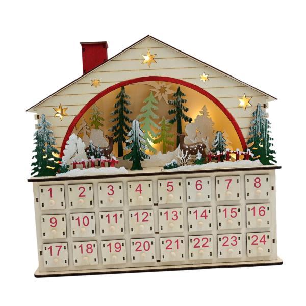 クリスマスの大きい木のテーブルの北欧のカレンダーの光る雪の家のフロントにクリス クリスマス木製アドベントカレンダー、光る家の形をしたカレンダー