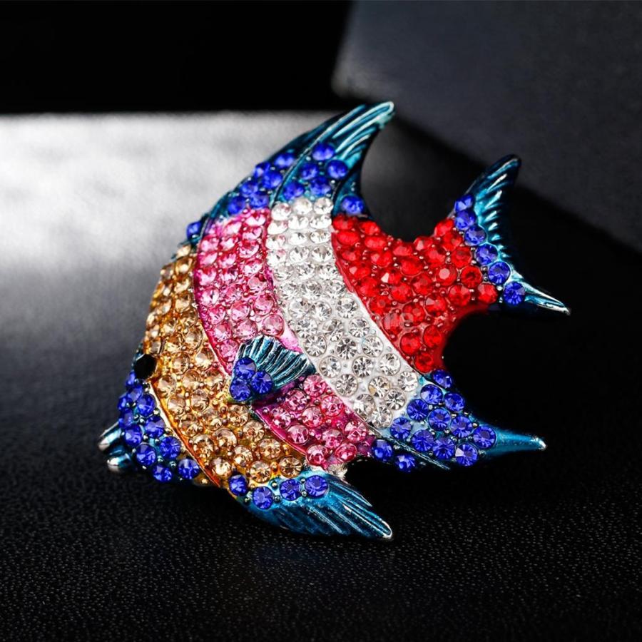カラフル ラインストーン キラキラ 魚型 ブローチ ショールピン 