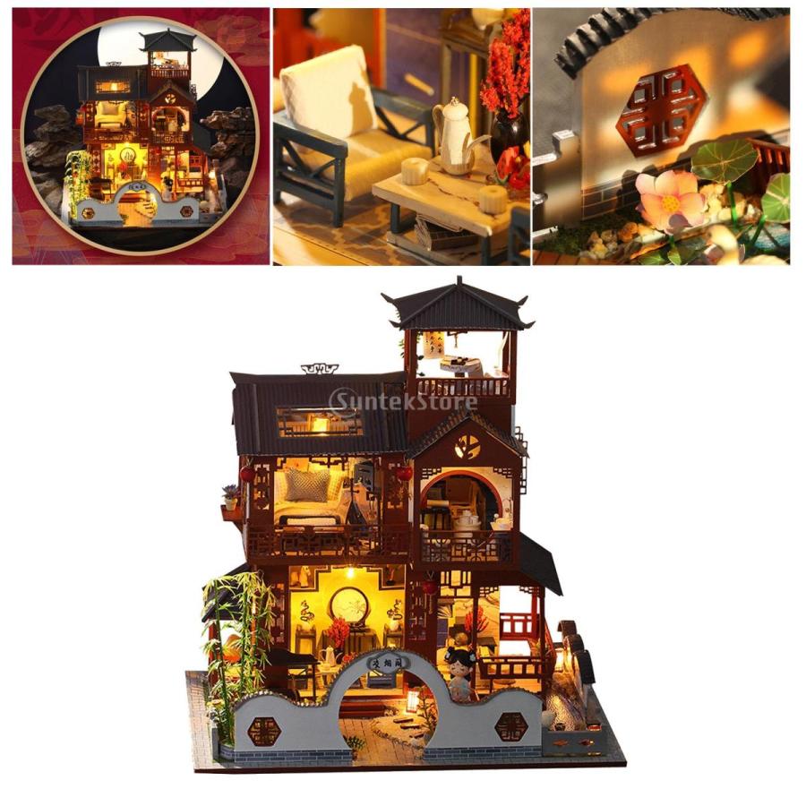 正規品 ドールハウスキット 中国古風建物 おしゃれ 木製手作り ミニチュアドールハウス ハウスモデル Ledライト
