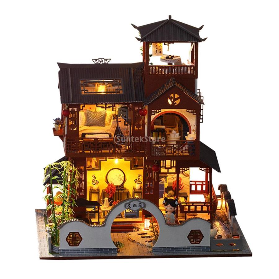 正規品 ドールハウスキット 中国古風建物 おしゃれ 木製手作り ミニチュアドールハウス ハウスモデル Ledライト