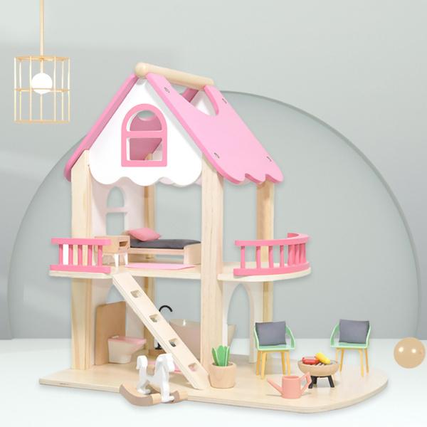 ドールハウスミニチュアプリンセスピンクキャッスル木製プレイハウスふりおもちゃプレイセット人形アクセサリー付き｜stk-shop