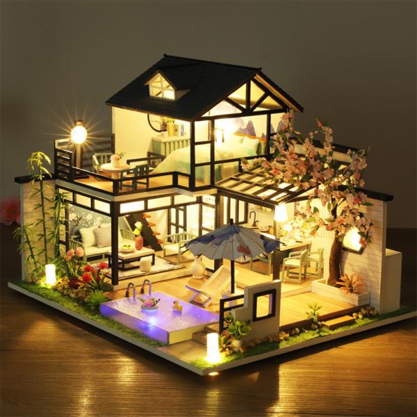 家具付きDIYドールハウスミニチュアキットLEDライト付き3D木製 