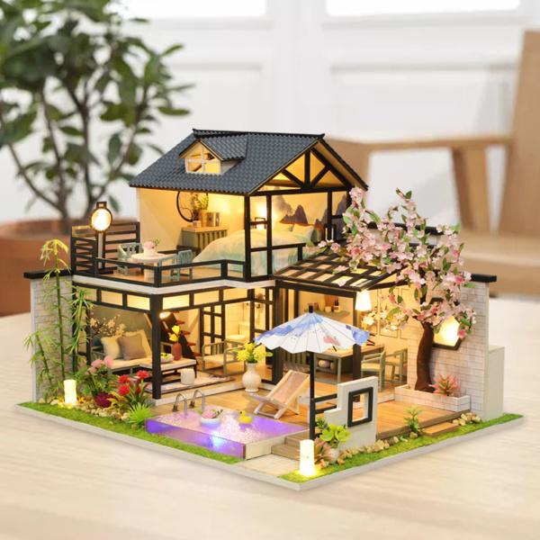 家具付きDIYドールハウスミニチュアキットLEDライト付き3D木製 家具付きDIYドールハウスミニチュアキットLEDライト付き3D木製