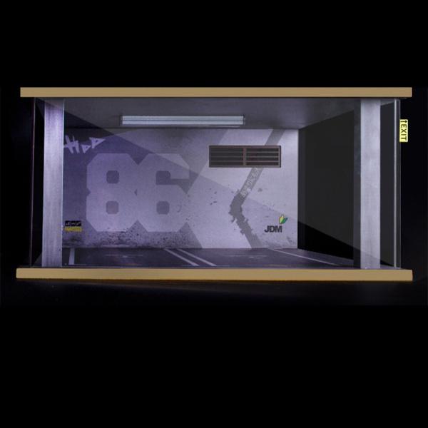 1:18ジオラマ駐車場ダブルガレージ（120LED付き）ライト86グレーの壁