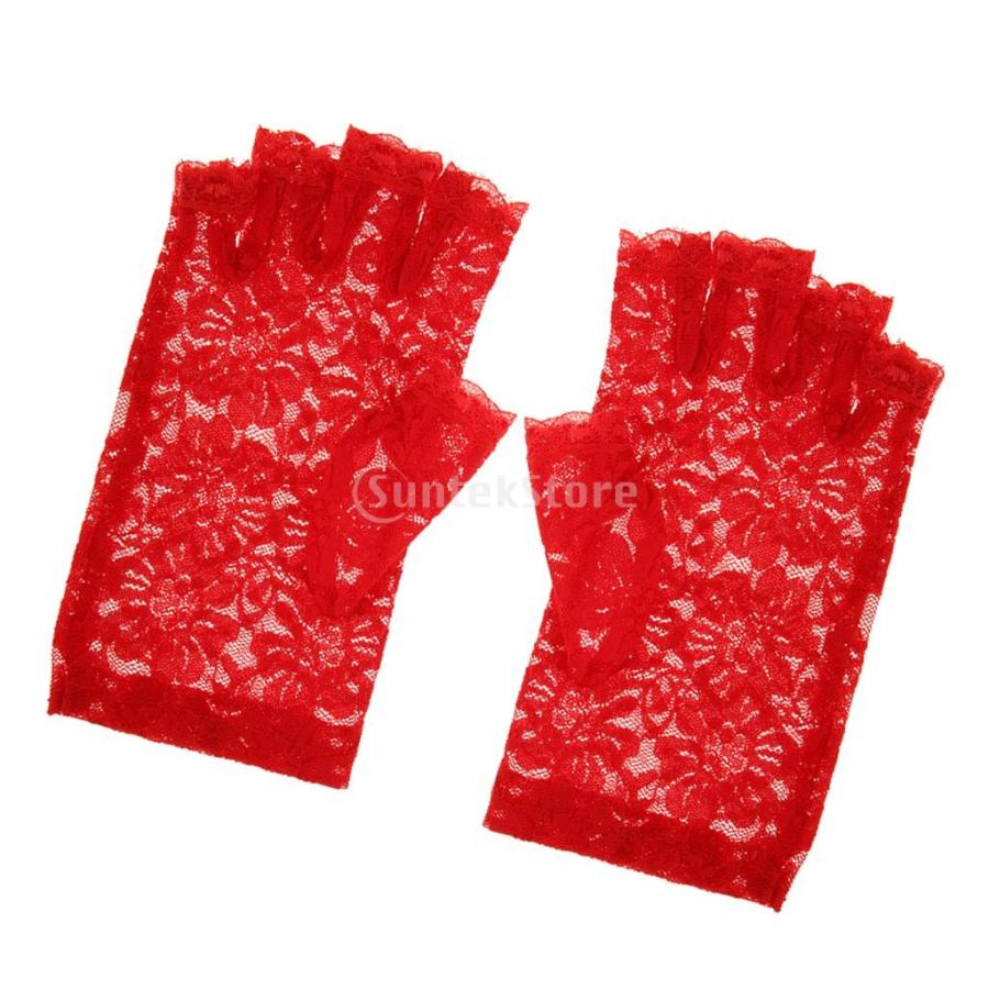 ウェディング ブライダル レース 花 ハーフフィンガー グローブ 手袋 パーティー アクセサリー 1対入り 全3色 - 赤｜stk-shop｜05
