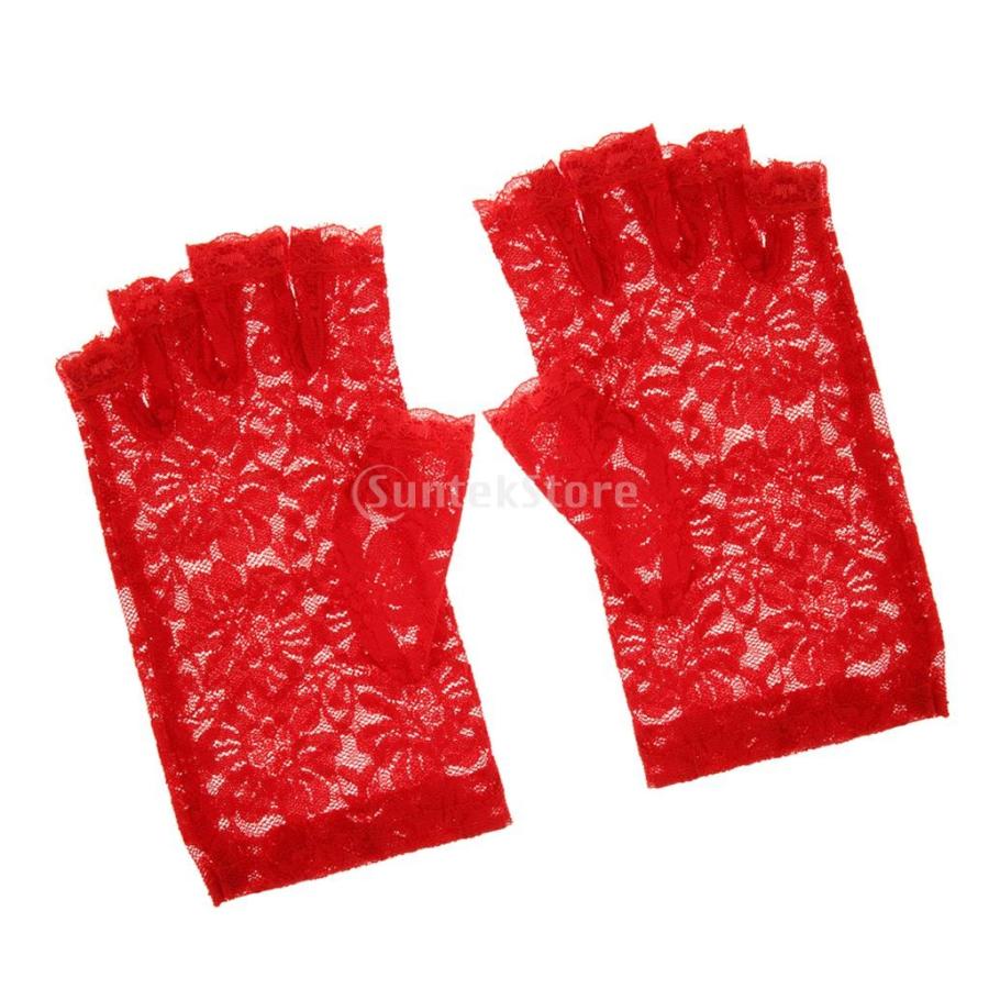 ウェディング ブライダル レース 花 ハーフフィンガー グローブ 手袋 パーティー アクセサリー 1対入り 全3色 - 赤｜stk-shop｜07