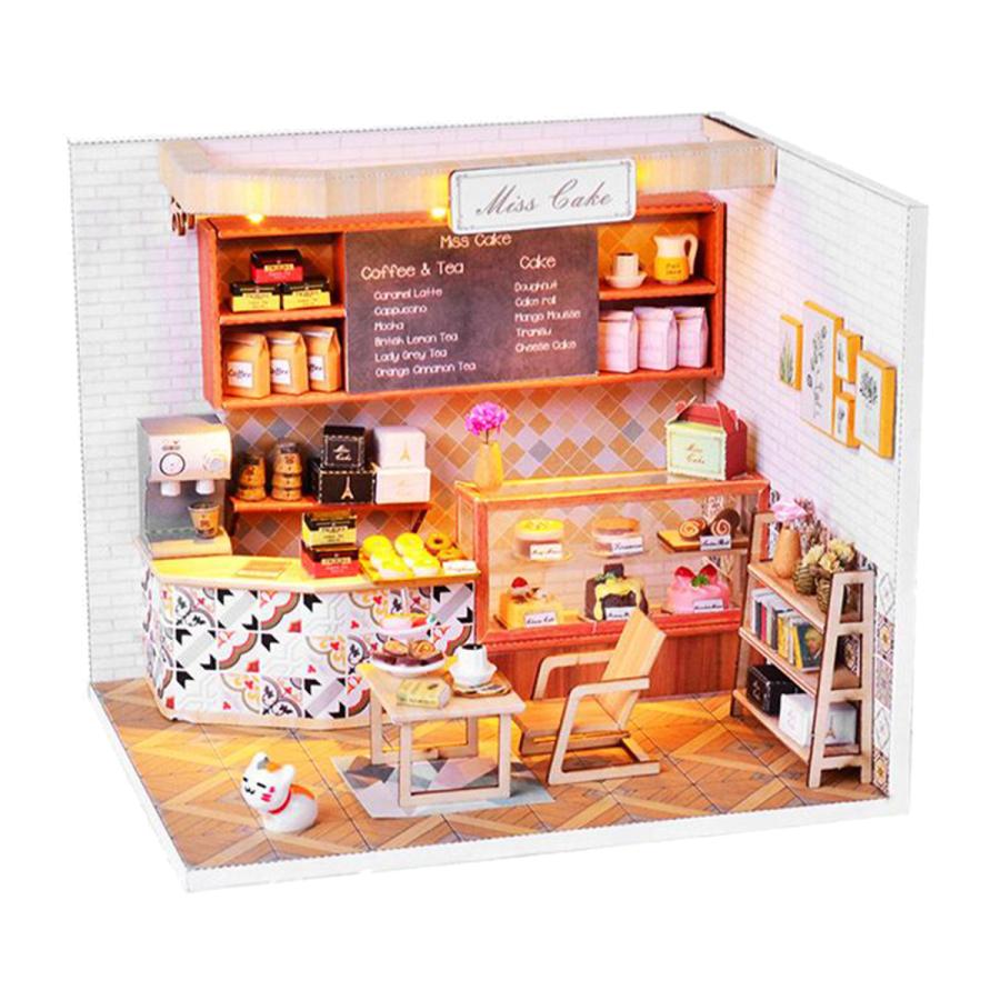 Diy 3Dドールハウス木製ミニチュア家具キットミニコーヒーハウスled