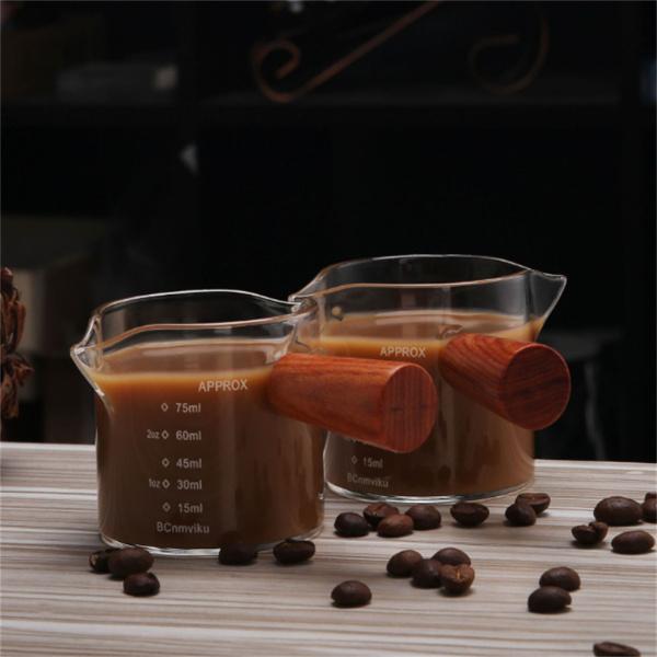 エスプレッソ計量カップ 耐熱ガラス 木製ハンドル ダブルスパウト ミルクカップ 透明 両口 グラス コーヒー計量 ミルク オンス｜stk-shop｜04